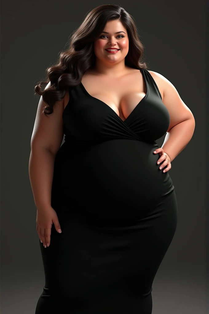 woman, long wavy black hair, smiling, big bust, wide legs, chubby, elegant black and silver dress, gray heels, black and silver balloons in her hands, birthday celebration, looking at the camera, photorealistic