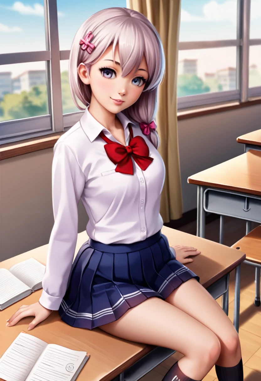 anime girl sitting on a desk in a classroom with a window, beautiful anime high school girl, a hyperrealistic schoolgirl, realistic schoolgirl, kantai collection style, hyperrealistic schoolgirl, cute schoolgirl, smooth anime cg art, seductive anime girl, anime best girl, school girl, cute anime girl, anime visual of a cute girl, attractive anime girl