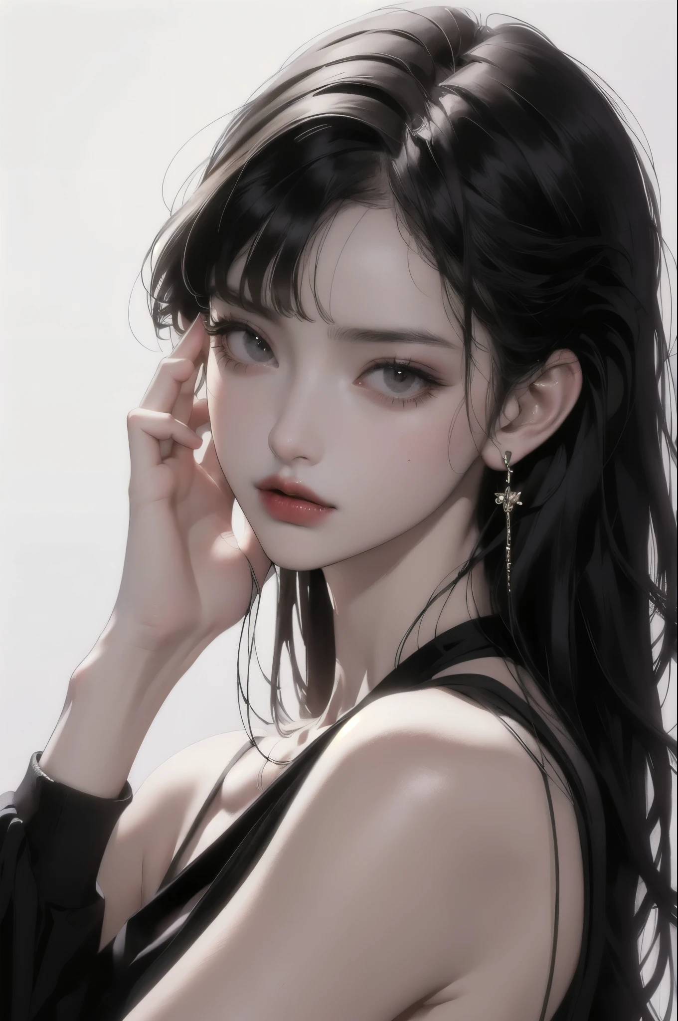 masterpiece, best quality, a girl, shy, white background, beautiful, retrowave, cartoon, upper body, from side, from above