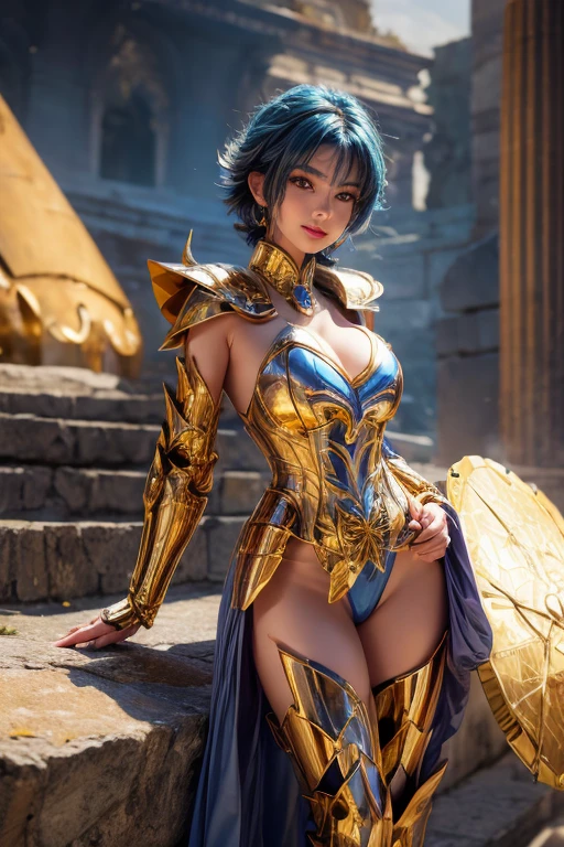  Cancer armor based on the Japanese anime Saint Seiya, shoulder_  armor decoration  ,    (  masterpiece:1.0), (   Better quality :1.0), ( ultra high resolution :1.0) ,(8k resolution:1.0), (realistic:1.0), (ultra detailed1:0),(raw photo:1.0), HDR, photograph,   Kodak Portra 400  , film grain, focused background,  vibrant color , bokeh effect,  Lens reflection, ((  perfect hands )), ((  Very large fake silicon breasts)), ((perfect arms)), (perfect face), {{    perfect anatomy    }}, general plan, small hands, fine fingers,
greek temple,   very detailed background  ,    1 woman wears golden Cancer armor,    golden armor  , Alone,  short blue hair , black eyes, smiling,    looking at the viewer  , face focused,   detailed face ,  vibrant color s,  Symmetrical eyes , visible lips, standing, holding breasts, (  full body  :1.2),