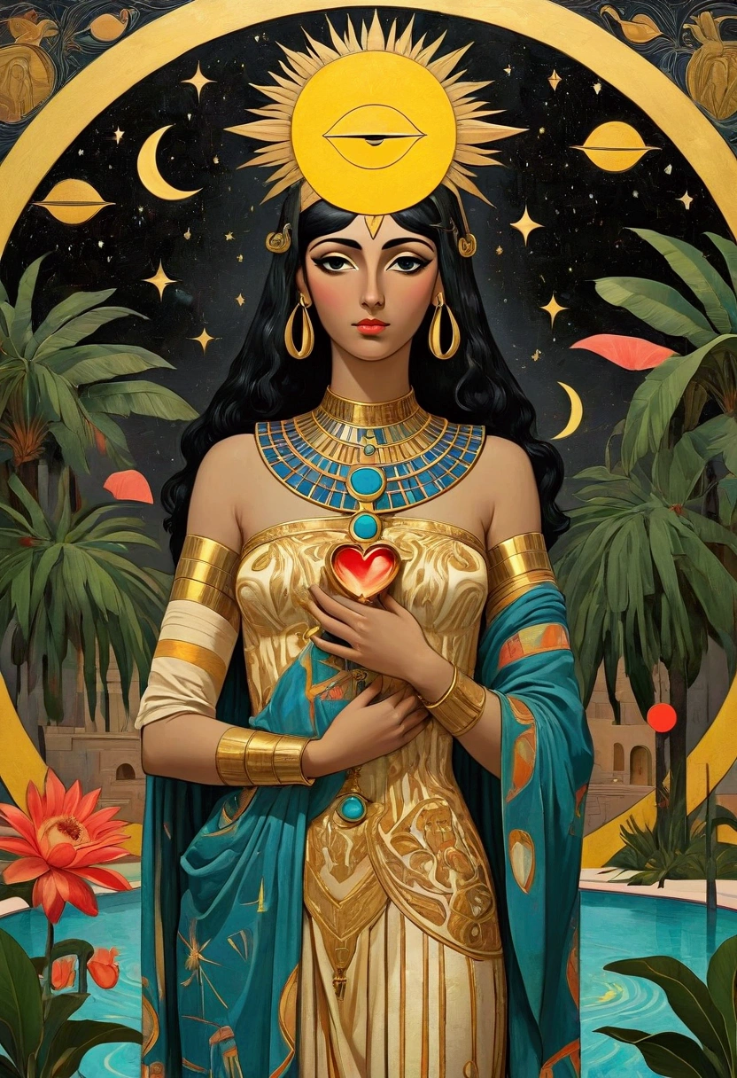 Gucci + Hermes style,3d oil painting + illustration，fantastic，a Egyptian Cleopatra figure with four arms and legs at the center of the composition, holding a heart and A scales ，tables, pool,Jewelry，contemporary art， Egyptian pattern clothing，The sun and moon face,totemism,Egyptian temple, The universe, constellations, elements of Egyptian mythology， date palm tree， luxury goods, Hermes patterns， Brutalism, bold color scheme， black background,surrealism， abstract shapes Surrounding the body,surrounded by two eyes floating above her head, wearing a celestial motif, in the style of Paul Gauguin and Henri Rousseau and Jan van Eyck and Alphonse Mucha --chaos