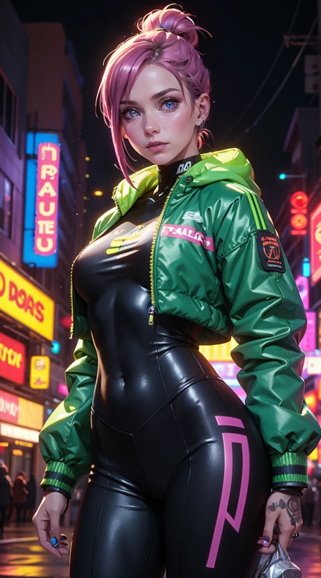 A woman in neon red and neon pink cybernetic outfit full body dark green hair with black roots, green eyes