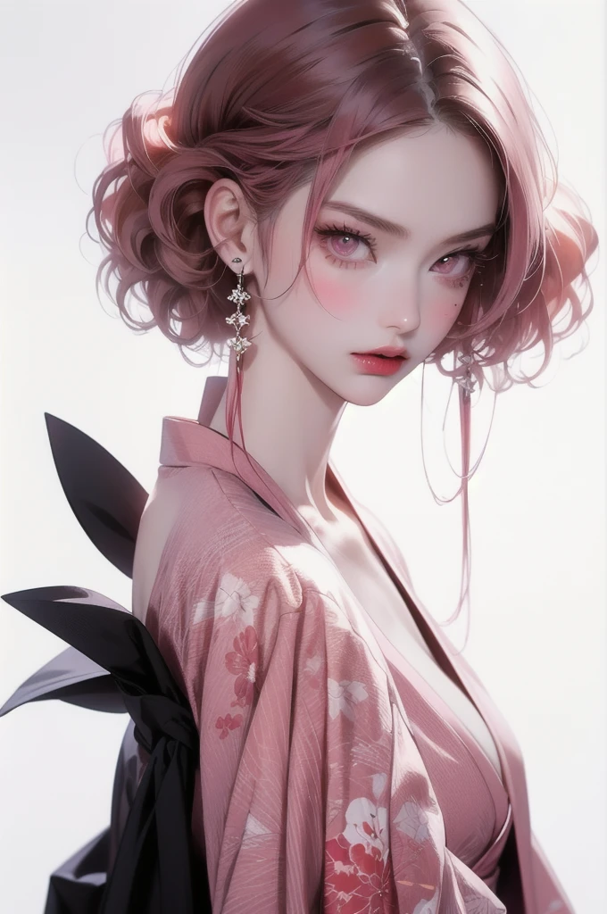 masterpiece, best quality, a girl, shy, white background, beautiful, retrowave, cartoon, upper body, from side, from above, pink hair, curly, pink eyes, pale skin, japanese clothes, kimono, gloves, beauty mark，