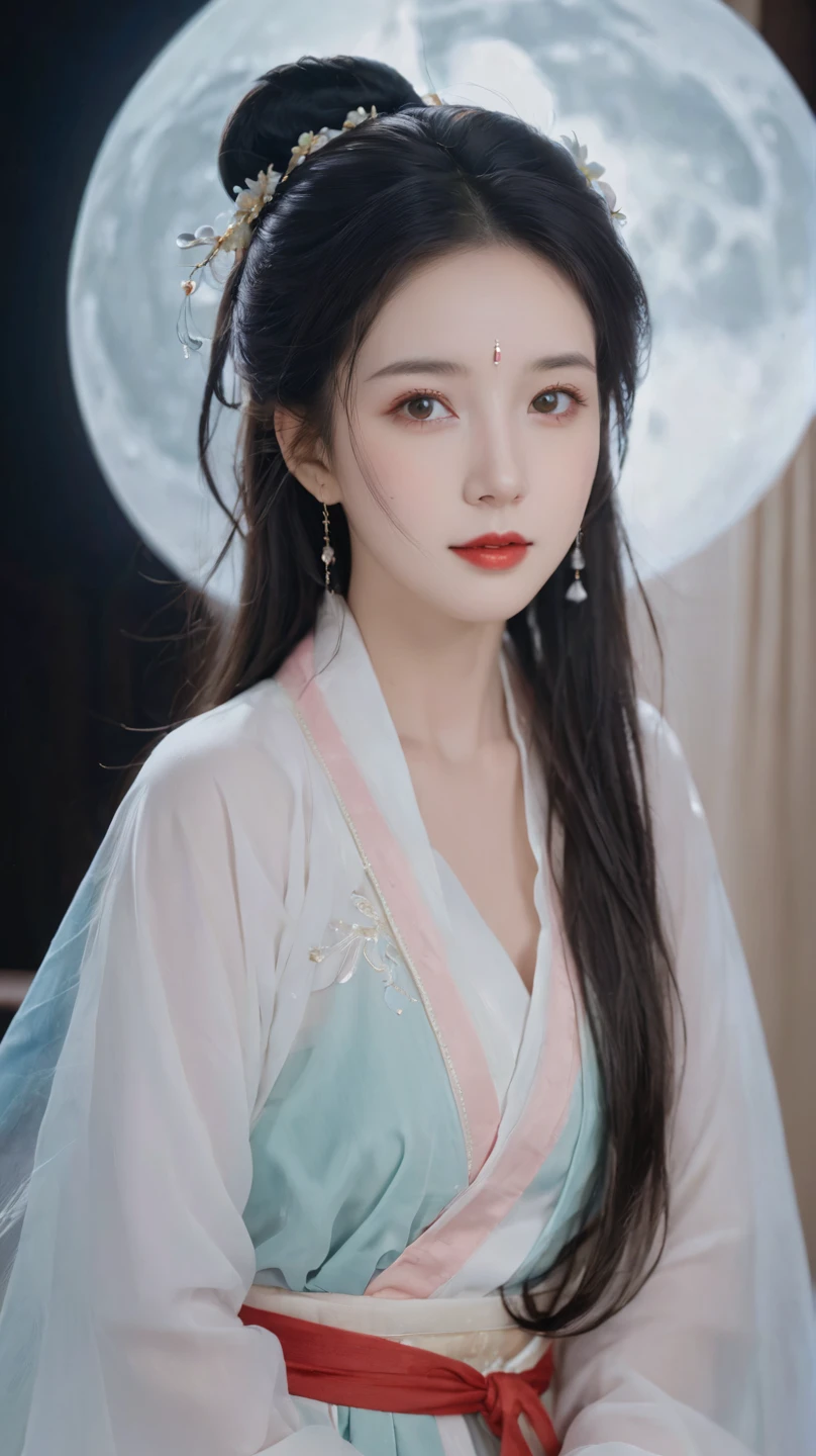 Full Moon Night，Beautiful woman in Hanfu sitting in front of the camera，Flip through books elegantly， Her delicate facial features showed a perfect face。She has a beautiful and delicate appearance，Wearing Hanfu， The colorful colors made it even more dazzling 。She has long hair，Wearing a shawl，Show off the charm of charm。This is a real photo，Showcases the figure and charm of the perfect woman。She performed alone on stage ，With a charming smile on his face，Perfect display of Hanfu charm。
