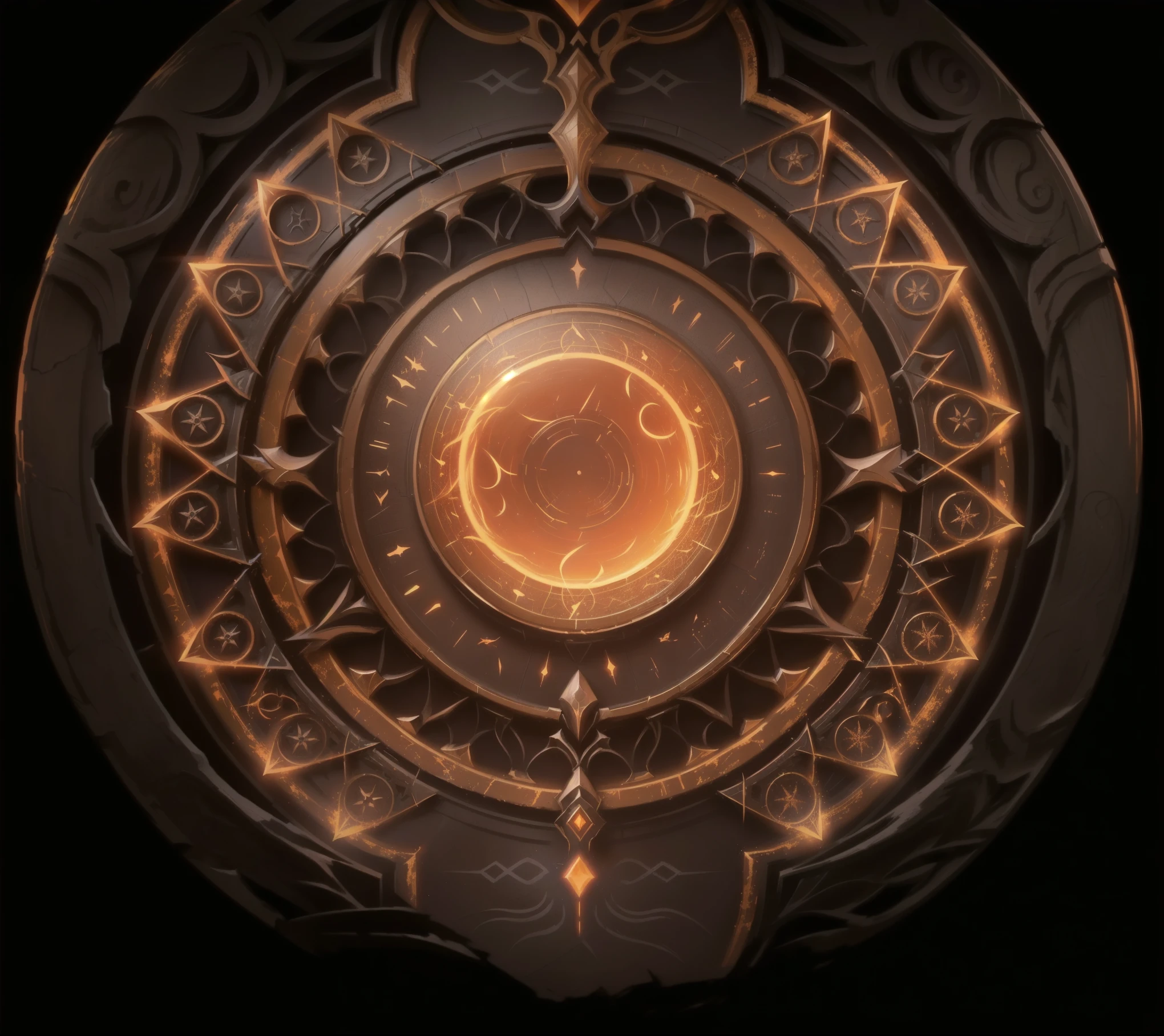  clock with a circular pattern , Close-up of the Dark Path ,  A portal to the Lost Field of Fire,Stone material，Formation runes， metal material， original painting conceptual design ， Height Rendering, 4K ， Diablo conceptual art， stylized interface 