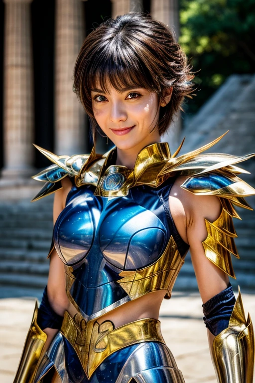  Cancer armor based on the Japanese anime Saint Seiya, shoulder_  armor decoration  ,    (  masterpiece:1.0), (   Better quality :1.0), ( ultra high resolution :1.0) ,(8k resolution:1.0), (realistic:1.0), (ultra detailed1:0),(raw photo:1.0), HDR, photograph,   Kodak Portra 400  , film grain, focused background,  vibrant color , bokeh effect,  Lens reflection, ((  perfect hands )), ((  Very large fake silicon breasts)), ((perfect arms)), (perfect face), {{    perfect anatomy    }}, general plan, small hands, fine fingers,
greek temple,   very detailed background  ,    1 woman wears golden Cancer armor,    golden armor  , Alone,  short blue hair , black eyes, smiling,    looking at the viewer  , face focused,   detailed face ,  vibrant color s,  Symmetrical eyes , visible lips, standing, holding breasts, (  full body  :1.2),