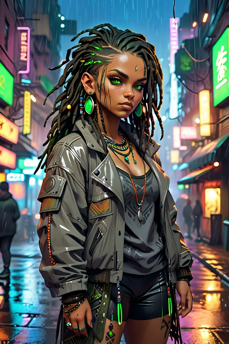 Sturdy, slightly chubby dwarf woman with intense green eyes, black dreadlocks adorned with beads and feathers, warm mulatto skin tone with freckles, and short, pointy ears. Tribal tattoos on her hands, wearing layered, earthy clothing. Cyberpunk setting with neon lights, rain-soaked streets, and a futuristic night city backdrop. cool posing.  warm dark grey jacket