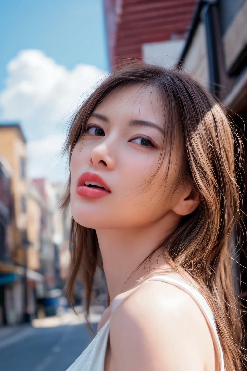 high resolution photograph of a Japanese couple, realistic, photo-realistic, best quality, masterpiece, 8k raw photo, intricate details, extremely detailed, super detailed, perfect anatomy, perfect hands, solo, 1girl, very sexy girl, elegant lady, standing with leaning forward, downblouse, face focus,
large breasts, pale skin, detailed skin, fine-textured skin,
perfect face, sharp eyes, glossy lipstick, (detailed hair, detailed face, detailed eyes, sophisticated nose), orgasm, bullish expression, half-open mouth, seductive lips, detailed background, outdoors, downtown, alley, blue sky and clouds,
