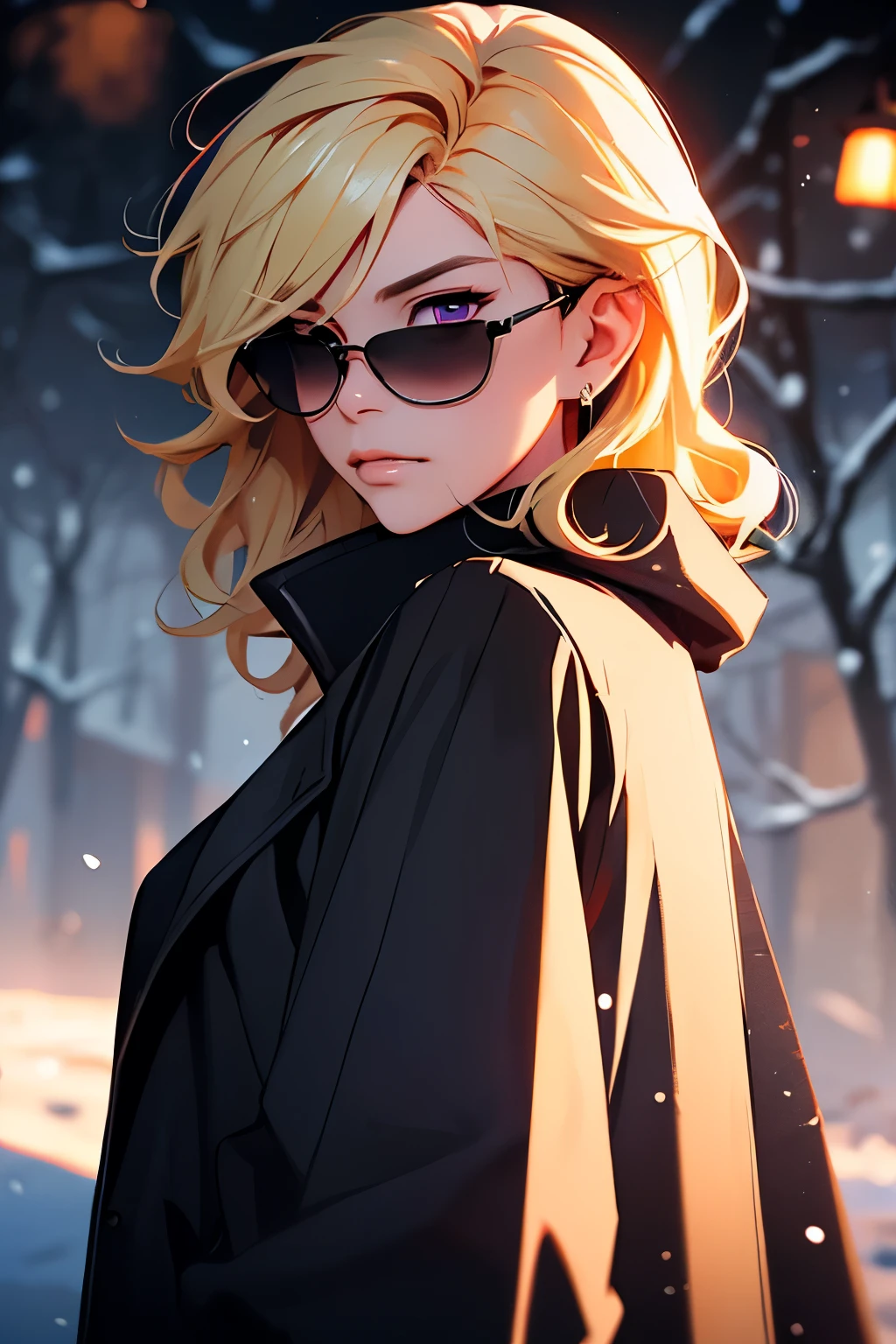 (Intense focus:1.2), picture, Attractive ((yang xiao long from rwby)), (Beautiful Face:1.1), Detailed eyes, luscious lips, (Smokey eye makeup:0.85), purple eyes, (Medium breast:1.0), (Athletic body:1.2), (curly hair:1.2), ((wearing black overcoat:1.2)), (jewerly:1.2). (moody lighting:1.2), Depth of field, 4K, Human development report. by (James C. Christensen:1.2|Jeremy Lipking:1.1). blonde hair, she's smiling, sexy, ((winter)), manhwa style, ((short hair)), like a boss, (snowing), ((sunglasses))