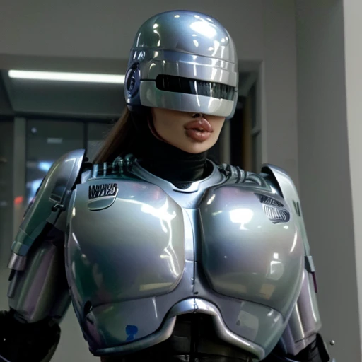 
( Best Quality ), (Overall view), Female Robocop,  Hua Gai with a cool and charming face ,RoboCop Armor  , Robocop helmet ,  beautiful and sexy young woman , 18 years old,  toned and muscular  , With a cool and handsome face  , SharpEye, Big Breasts