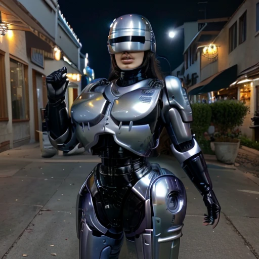 
( Best Quality ), (Overall view), Female Robocop,  Hua Gai with a cool and charming face ,RoboCop Armor  , Robocop helmet ,  beautiful and sexy young woman , 18 years old,  toned and muscular  , With a cool and handsome face  , SharpEye, Big Breasts