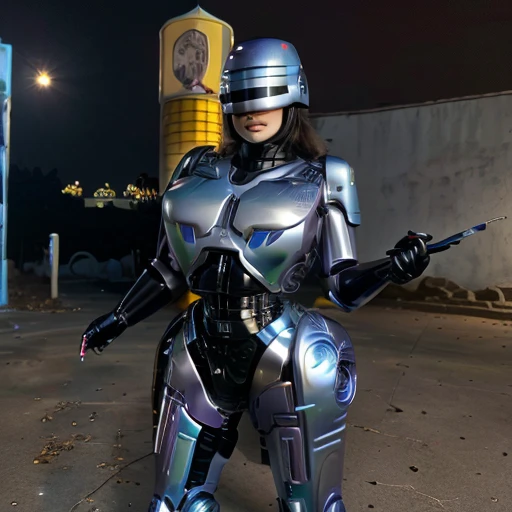 
( Best Quality ), (Overall view), Female Robocop,  Hua Gai with a cool and charming face ,RoboCop Armor  , Robocop helmet ,  beautiful and sexy young woman , 18 years old,  toned and muscular  , With a cool and handsome face  , SharpEye, Big Breasts