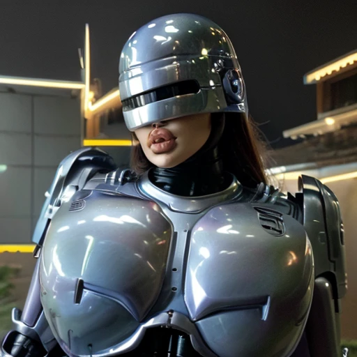 
( Best Quality ), (Overall view), Female Robocop,  Hua Gai with a cool and charming face ,RoboCop Armor  , Robocop helmet ,  beautiful and sexy young woman , 18 years old,  toned and muscular  , With a cool and handsome face  , SharpEye, Big Breasts