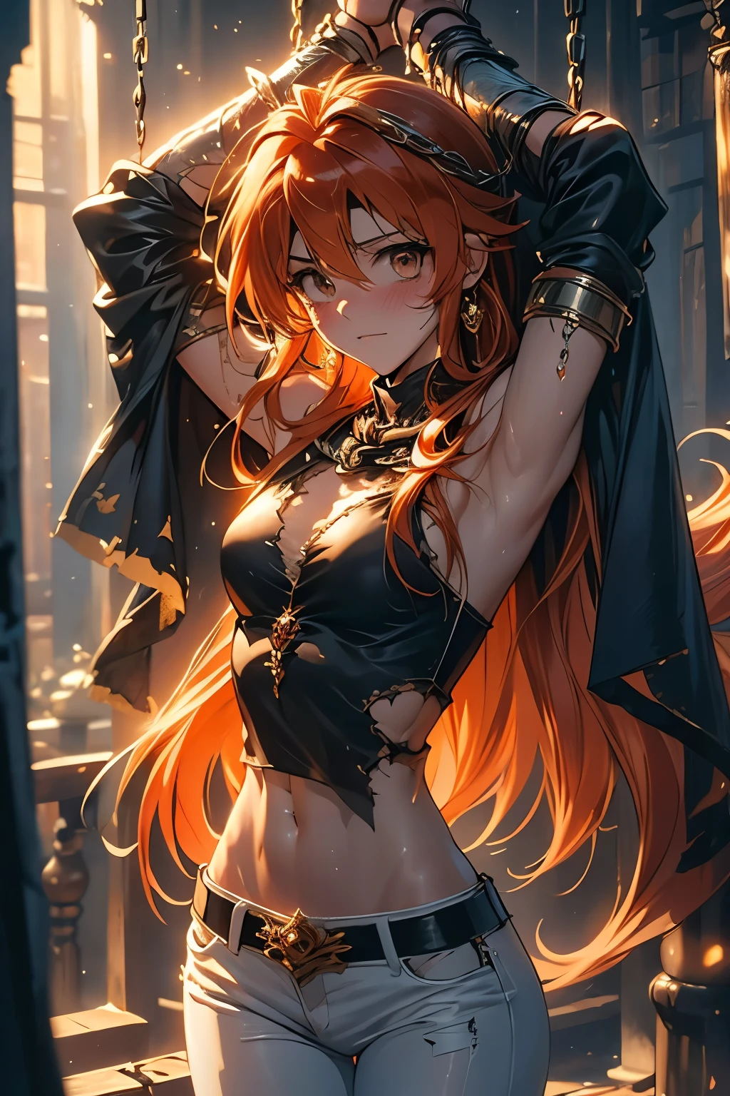 （（（ＳＦＷ、Highest quality、 first class、masterpiece、Normal body、8k、Detailed face、Ultra-precision、Normal hand、Normal finger、Masterpiece）））、-Slayers-、Lina Inverse、Lina Inverse、clear and pitiful、beautiful girl、Orange Hair、 slender、 Ripped Racy Ultrathin Top、Ripped Racy Ultrathin Pants 、 Tattered Black Cloak 、Damaged shoulder brace 、Half naked、Regretful expression、 Lina caught and hung with a chain、blush、shame