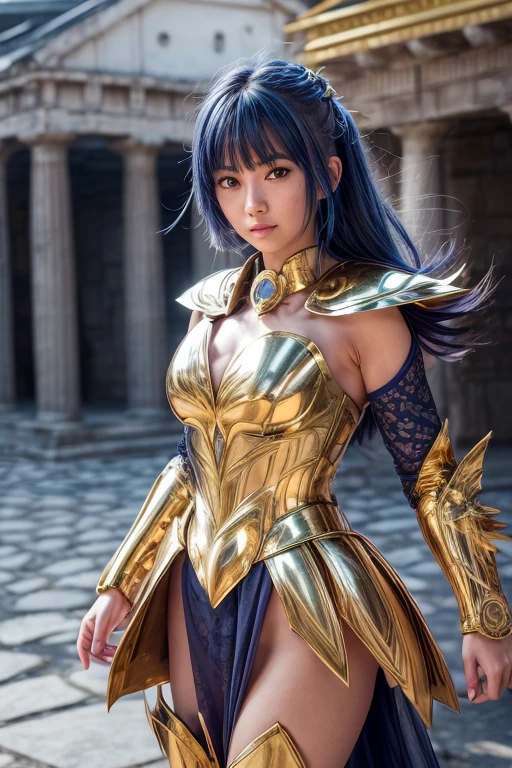  Cancer armor based on the Japanese anime Saint Seiya, shoulder_  armor decoration  ,    (  masterpiece:1.0), (   Better quality :1.0), ( ultra high resolution :1.0) ,(8k resolution:1.0), (realistic:1.0), (ultra detailed1:0),(raw photo:1.0), HDR, photograph,   Kodak Portra 400  , film grain, focused background,  vibrant color , bokeh effect,  Lens reflection, ((  perfect hands )), ((  Very large fake silicon breasts)), ((perfect arms)), (perfect face), {{    perfect anatomy    }}, general plan, small hands, fine fingers,
greek temple,   very detailed background  ,    1 woman wears golden Cancer armor,    golden armor  , Alone,  short blue hair , black eyes, smiling,    looking at the viewer  , face focused,   detailed face ,  vibrant color s,  Symmetrical eyes , visible lips, standing, holding breasts, (  full body  :1.2),