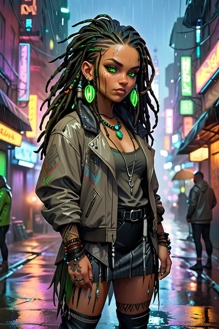 Sturdy, slightly chubby dwarf woman with intense green eyes, black dreadlocks adorned with beads and feathers, warm mulatto skin tone with freckles, and short, pointy ears. Tribal tattoos on her hands, wearing layered, earthy clothing. Cyberpunk setting with neon lights, rain-soaked streets, and a futuristic night city backdrop. cool posing.  warm dark grey jacket