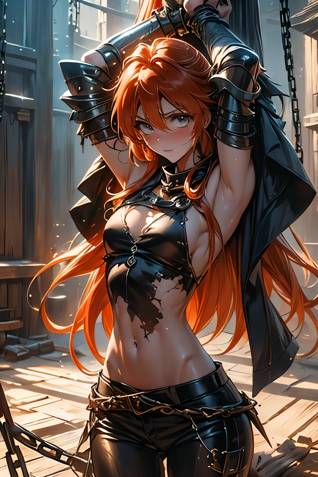 （（（ＳＦＷ、Highest quality、 first class、masterpiece、Normal body、8k、Detailed face、Ultra-precision、Normal hand、Normal finger、Masterpiece）））、-Slayers-、Lina Inverse、Lina Inverse、clear and pitiful、beautiful girl、Orange Hair、 slender、 Ripped Racy Ultrathin Top、Ripped and racy ultra-thin high-leg pants、 Tattered Black Cloak 、Damaged shoulder brace 、Half naked、Regretful expression、 Lina caught and hung with a chain、blush、shame