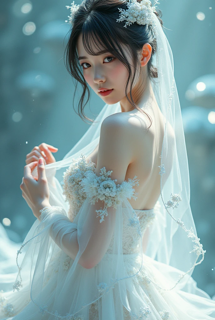 a gorgeous girl with delicate features,full body,sliver big eyes,pale white skin,Gauze skirt, slender legs, Chinese female, high brightness,shimmer pearly color,high quality,ultra detailed,dynamic poses,dynamic angles,mysterious,fantasy,magic,shinning --ar 9:16 --v 6.0 --s 750