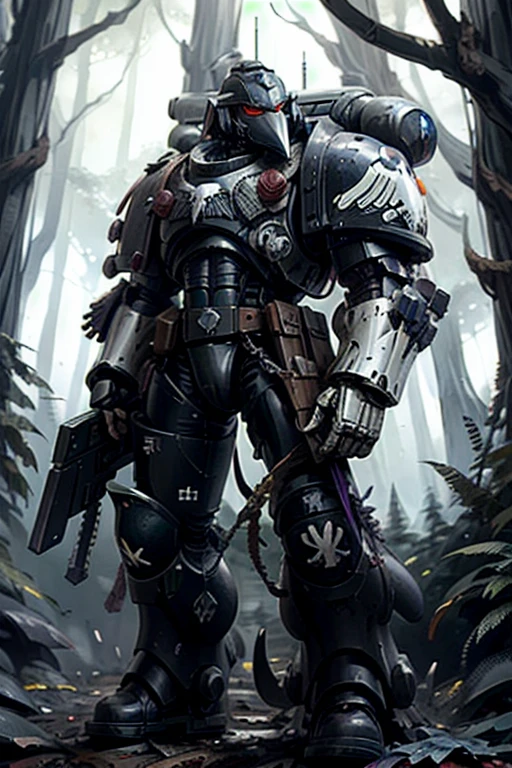 Raven Card ,   elite imperial enforcers, sniping in the woods,  holding rifles wearing details  (full body armor:1.2),  Corvus Helm , purple,  sci-fi scenes ,   spaceships destroyed at a distance , moonlight,    