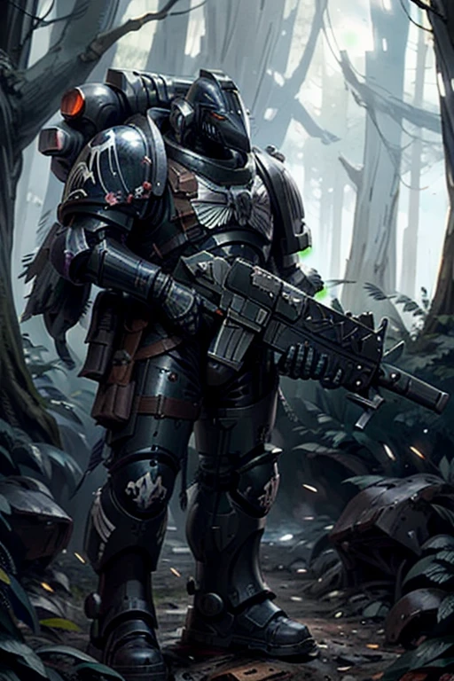 Raven Card ,   elite imperial enforcers, sniping in the woods,  holding rifles wearing details  (full body armor:1.2),  Corvus Helm , purple,  sci-fi scenes ,   spaceships destroyed at a distance , moonlight,    