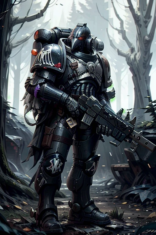 Raven Card ,   elite imperial enforcers, sniping in the woods,  holding rifles wearing details  (full body armor:1.2),  Corvus Helm , purple,  sci-fi scenes ,   spaceships destroyed at a distance , moonlight,    