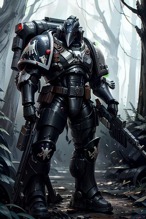 Raven Card ,   elite imperial enforcers, sniping in the woods,  holding rifles wearing details  (full body armor:1.2),  Corvus Helm , Purple set,  sci-fi scenes ,   spaceships destroyed at a distance , moonlight,    