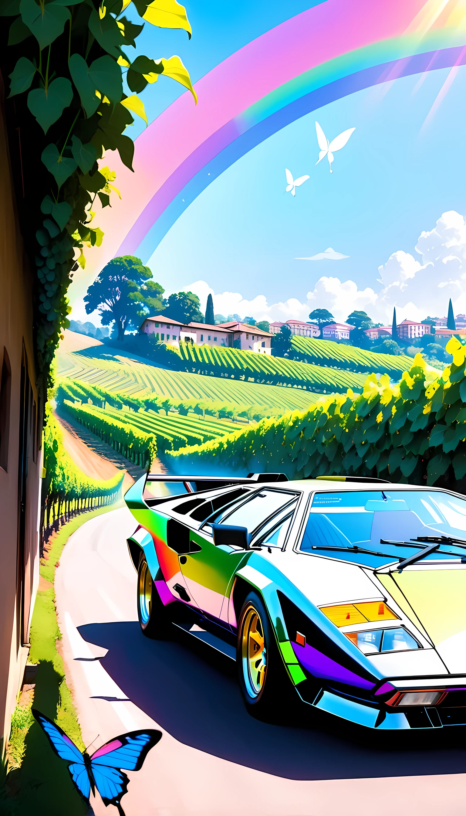  Organic Expressionism ,car,1 car ,Lamborghini,Countach,year-1974,scissor-door, body color =Rainbow, bonnets with butterflies, locations are Lombardy ,Vineyards,Shine Muscat, Kampala,  detail, masterpiece,  ultra-fine, 