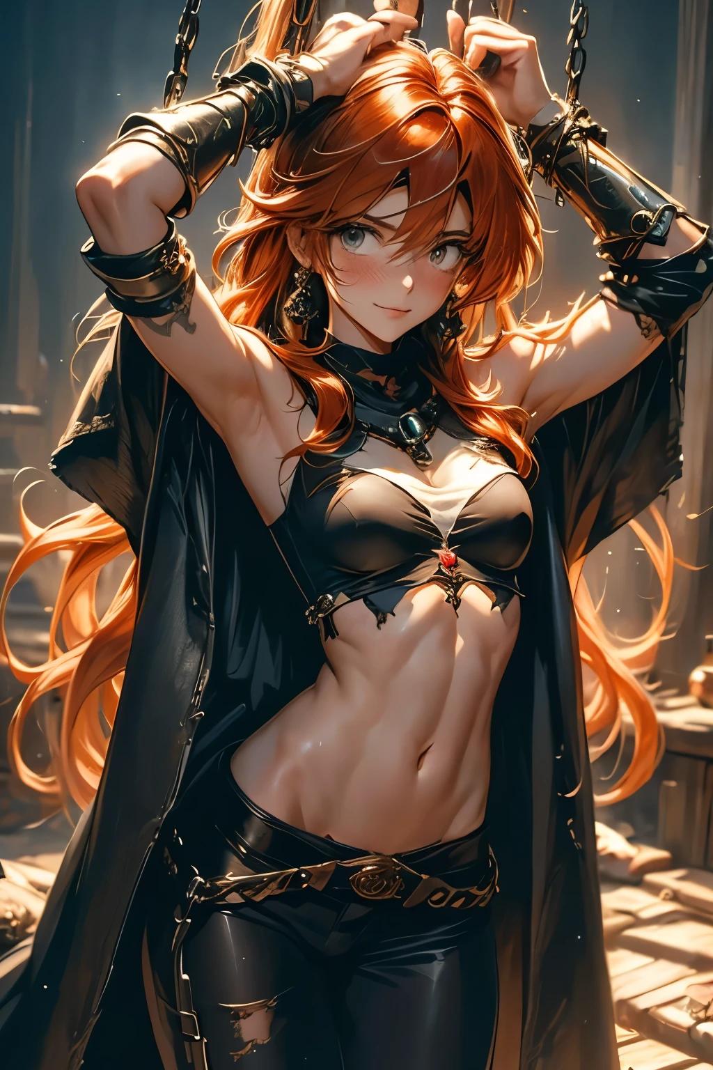 （（（ＳＦＷ、Highest quality、 first class、masterpiece、Normal body、8k、Detailed face、Ultra-precision、Normal hand、Normal finger、Masterpiece）））、-Slayers-、Lina Inverse、Lina Inverse、clear and pitiful、beautiful girl、Orange Hair、 slender、 Ripped Racy Ultrathin Top、Ripped and racy ultra-thin high-leg pants、 Tattered Black Cloak 、Damaged shoulder brace 、Half naked、Regretful expression、 Lina caught and hung with a chain、blush、shame