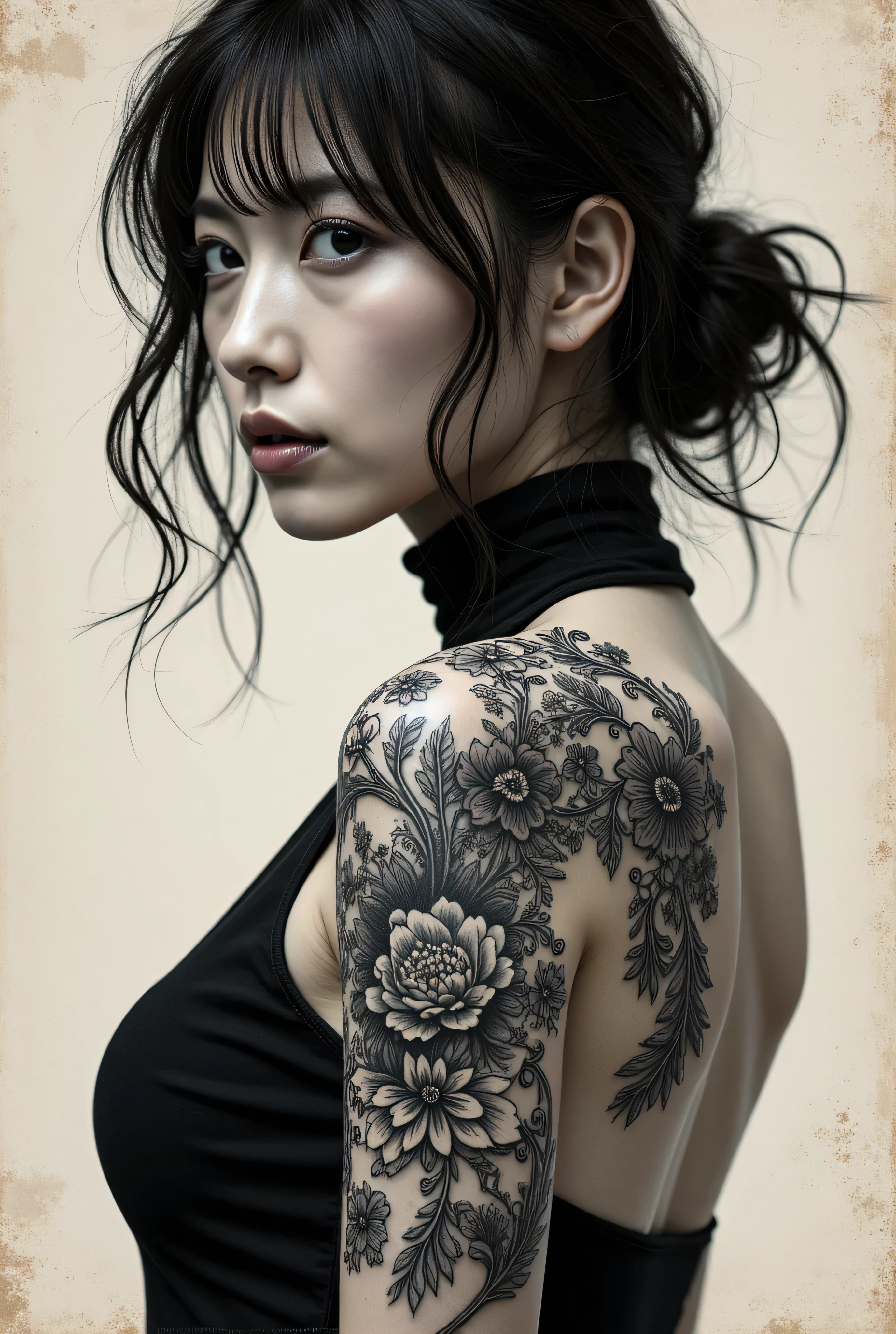 a black and white tattoo on a woman, in the style of detailed, pensive stillness, lithograph, multilayered, made of wire, bold character designs, metafictional --ar 51:64 --s 750 --v 5.2