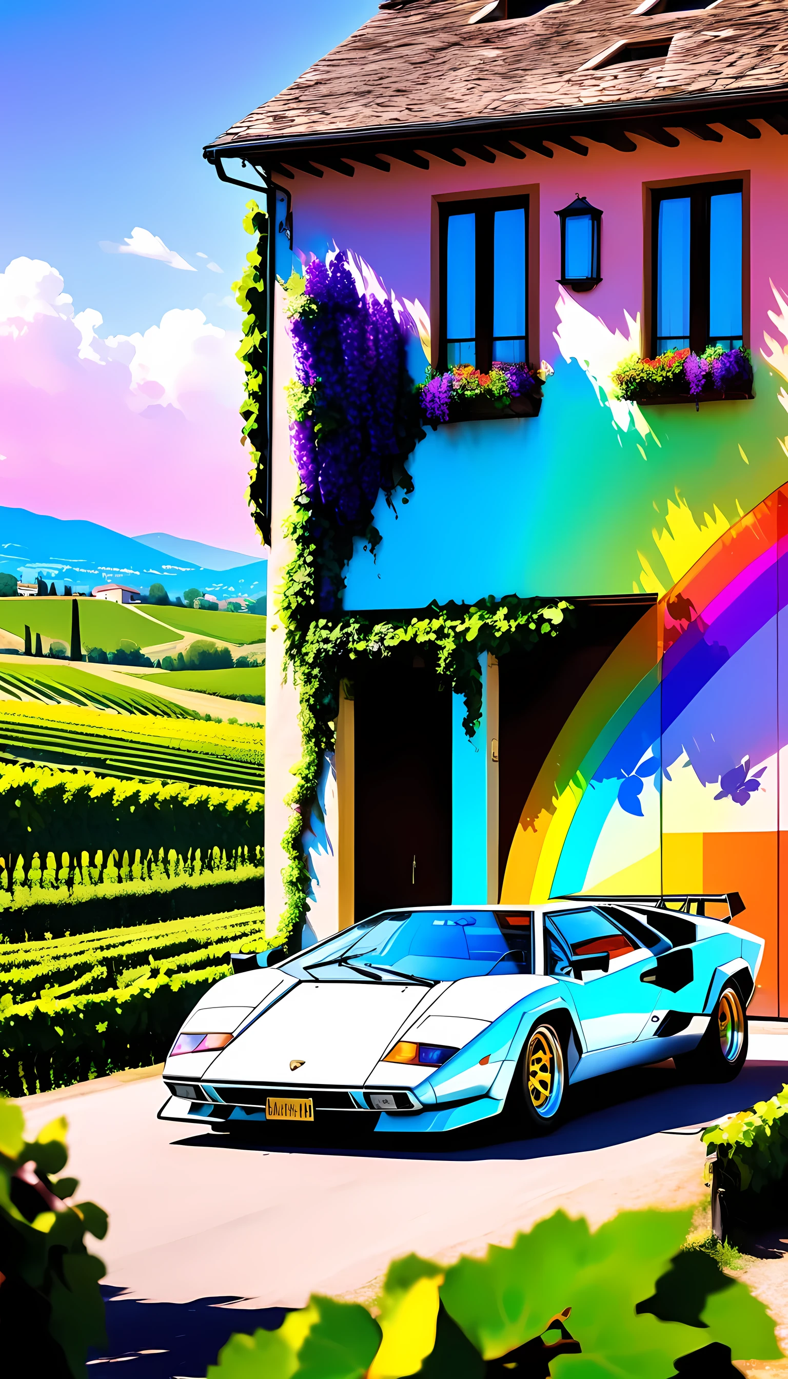  Organic Expressionism ,car,1 car ,Lamborghini,Countach,1974,scissor-door, body color =Rainbow, bonnets with butterflies, locations are Lombardy ,Vineyards,White grapes 