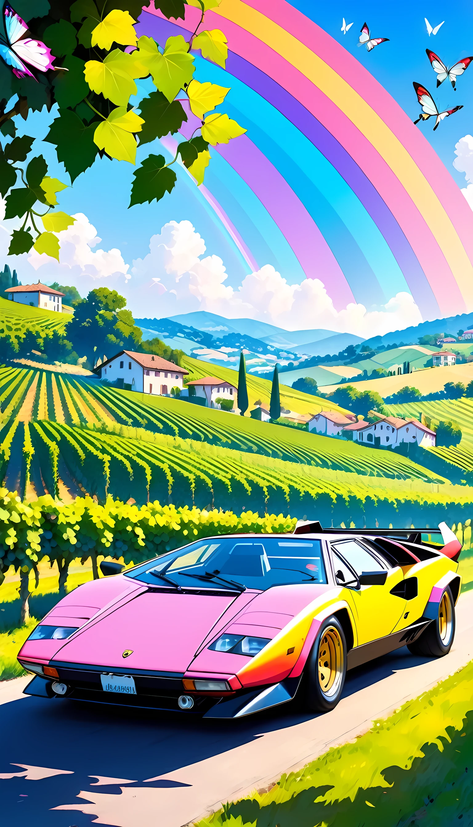  Organic Expressionism ,car,1 car ,Lamborghini,Countach,year-1974,scissor-door, body color =Rainbow, bonnets with butterflies, locations are Lombardy ,Vineyards,White grapes 