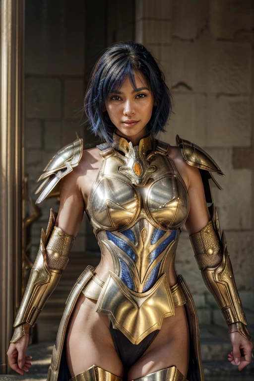  Cancer armor based on the Japanese anime Saint Seiya, shoulder_  armor decoration  ,    (  masterpiece:1.0), (   Better quality :1.0), ( ultra high resolution :1.0) ,(8k resolution:1.0), (realistic:1.0), (ultra detailed1:0),(raw photo:1.0), HDR, photograph,   Kodak Portra 400  , film grain, focused background,  vibrant color , bokeh effect,  Lens reflection, ((  perfect hands )), ((  Very large fake silicon breasts)), ((perfect arms)), (perfect face), {{    perfect anatomy    }}, general plan, small hands, fine fingers,
greek temple,   very detailed background  ,    1 woman wears golden Cancer armor,    golden armor  , Alone,  short blue hair , black eyes, smiling,    looking at the viewer  , face focused,   detailed face ,  vibrant color s,  Symmetrical eyes , visible lips, standing, holding breasts, (  full body  :1.2),