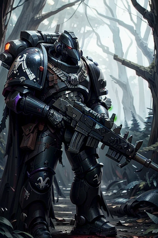 Raven Card ,   elite imperial enforcers, sniping in the woods,  holding rifles wearing details  (full body armor:1.2),  Corvus Helm ,  sci-fi scenes , Purple Armor,   spaceships destroyed at a distance , moonlight,    