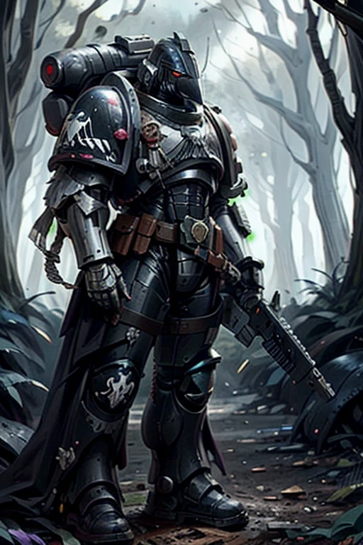 Raven Card ,   elite imperial enforcers, sniping in the woods,  holding rifles wearing details  (full body armor:1.2),  Corvus Helm ,  sci-fi scenes , Purple Armor,   spaceships destroyed at a distance , moonlight,    