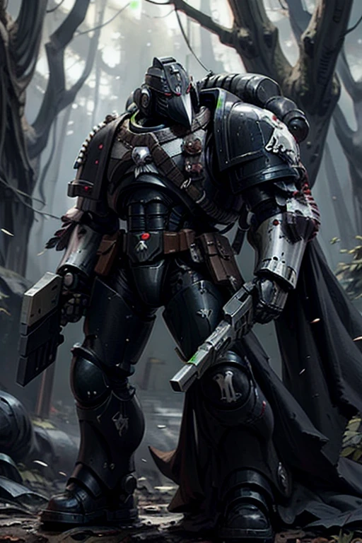 Raven Card ,   elite imperial enforcers, sniping in the woods,  holding rifles wearing details  (full body armor:1.2),  Corvus Helm ,  sci-fi scenes , Purple Armor,   spaceships destroyed at a distance , moonlight,    