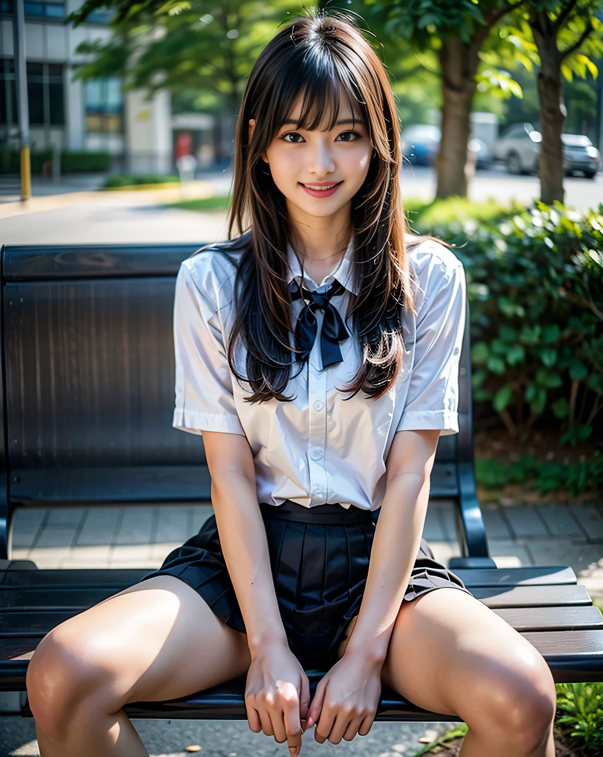 ( photorealism :1.2), Beautiful Japanese model 、Thin legs,  female high school students、  one woman wearing a high school uniform, 39; high school uniform 、Sitting on a park bench、 open your legs slightly 、Look up at her from the downside、Realistic white panties、Please show me my panties 、super realistic white loose socks、 I'm wearing realistic black loafers 、 Seated with 2 Perfect Legs Separated 、beautiful hands and feet、Park bench、 super realistic skin texture、beautiful, Glowing teen skin。beautiful thick and realistic black socks。 Thigh Closeup 、 is laughing.。