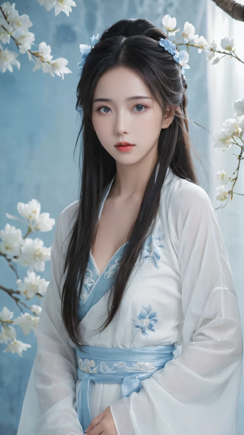 Blue and white porcelain style，Ancient Chinese clothing ， costume is blue and white theme ， ancient Chinese art style，Fashion model 18 years old  [[[[ close to the cleavage ]]]], [[[[Breast orgasm]]]], [[[[Cole]]]], [[[[Shoulder]]]],  perfect eyes , Perfect Iris， perfect lips ， perfect teeth ， perfect skin， fair-skinned ， soft headlights ，HDR，Movie Girl， long white hair ，Sad expression，Background is outdoor，white powder wall ，Light blue flowers，4K Ultra HD,  ultra-high resolution, (Realism: 1.4),  best quality ，masterpiece，Ultra diluted ，（Pastel colors：1.2）
