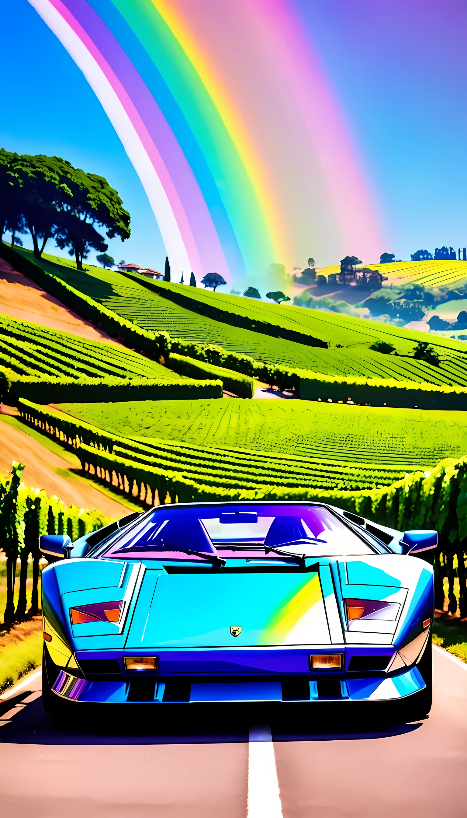  Organic Expressionism ,car,1 car ,Lamborghini,Countach,year-1974,scissor-door, body color =Rainbow/black, bonnets with butterflies, locations are Lombardy ,Vineyards,Shine Muscat, Kampala,  detail, masterpiece,  ultra-fine, 