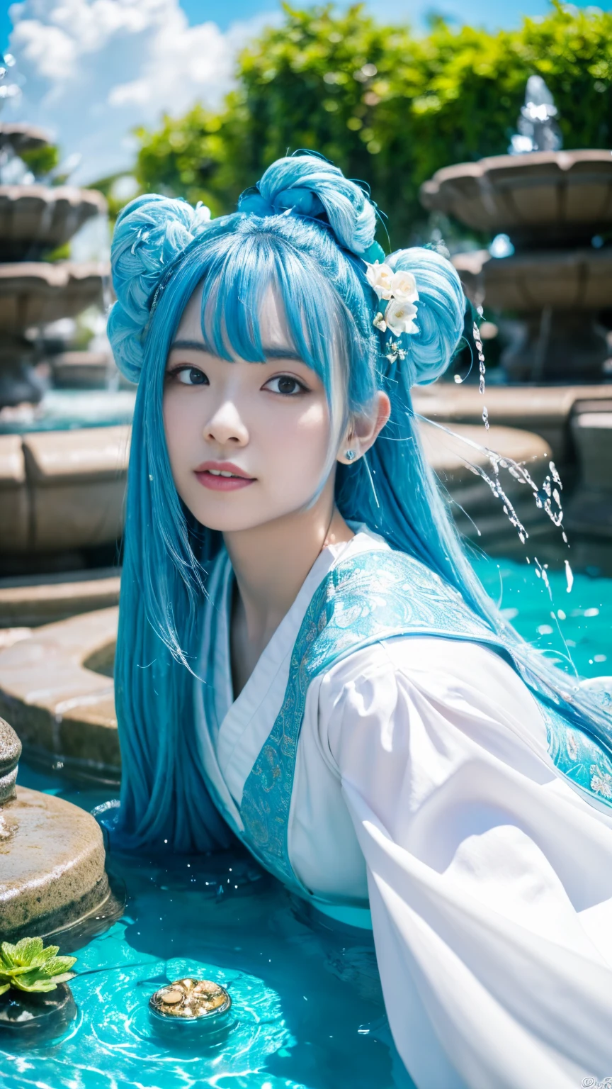 (masterpiece、super detailed、8k、Best Quality:1.5),(( very cute )),Highest quality,   two-dimensional beauty ,Long Hair,( Sky Blue Hair :1.3),Voluptuous figure, complicated details,charm,  Realistic Textures , charmな,( Beautiful Water World ,Mysterious Fountains ,Beautiful blue water:1.3),( She wears ocean colors and white robes all over her body.),( Shiruba Yes Sorry :1.3),Sleeveless,Sitting on one&#39;s knees,smile, Beautiful Hand Details 