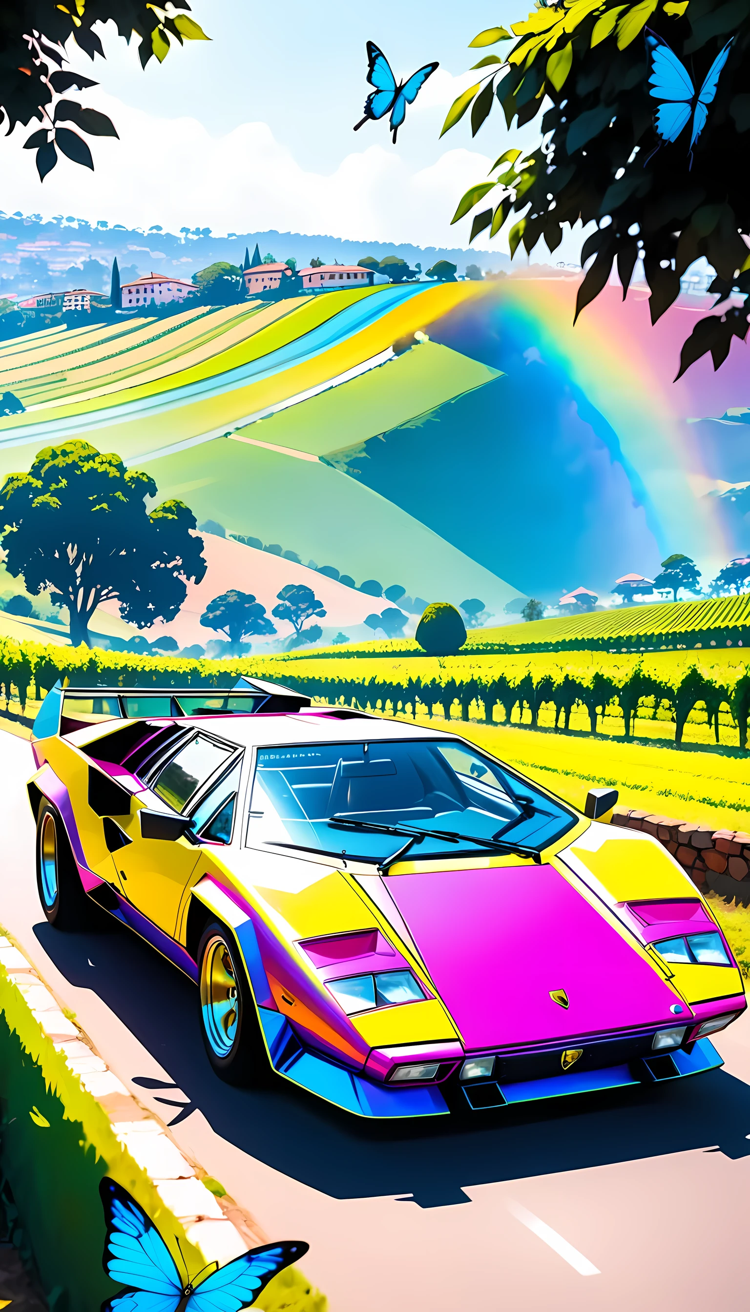  Organic Expressionism ,car,1 car ,Lamborghini,Countach,year-1974,scissor-door, body color =Rainbow/black, bonnets with butterflies, locations are Lombardy ,Vineyards,Shine Muscat, Kampala,  detail, masterpiece,  ultra-fine, 