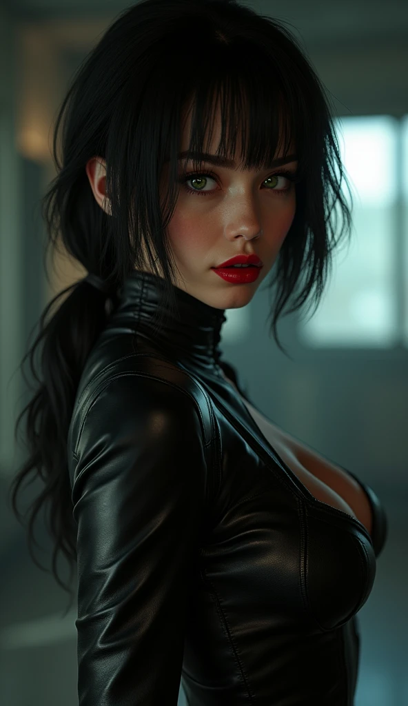 (extremely detailed 8k wallpaper), dark theme, Vampire the Masquerade, modern horror, 2020s, adult woman, renowned blogger, wearing sexy leather verste, expensive jewelry, latest generation smartphone, sharp focus, (subsuperficial scattering:1.1), award-winning photography, centered face, Poppy Corby-Tuech face, ((vampire)), half-body photo:1.1, extremely short black hair, supernatural green eyes:1.2, expression of debauchery, inside luxury nightclub, many admirers, dramatic lighting