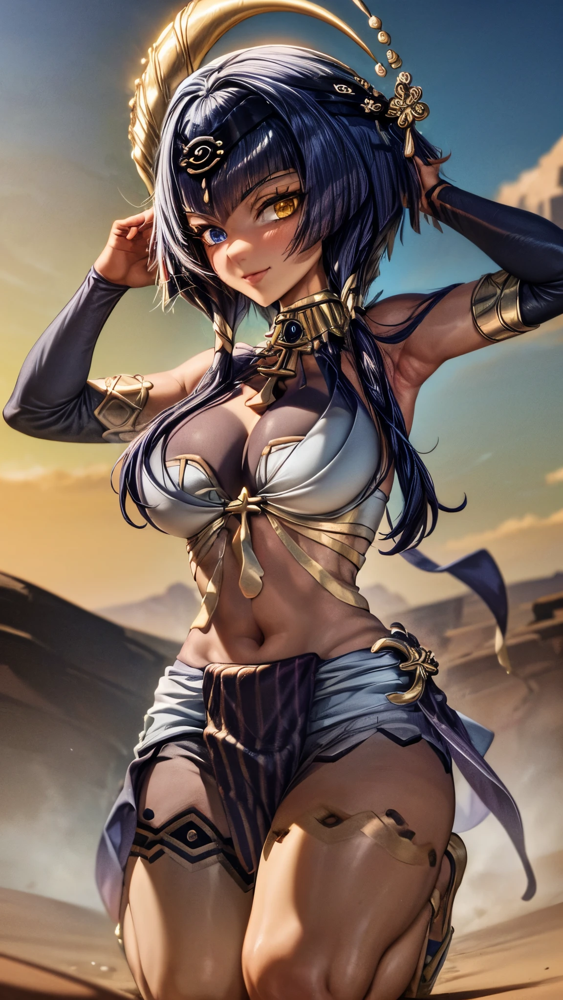 masterpiece, 8k, high resolution, shrine, semi-realistic, 1 girl, portrait 3:4, (high detailed face), high detailed body and clothes, (detailed hands, no bad hands, No bad fingers), arms up, (hands behind the head), smile, looking at viewer, dynamic, small breasts, sexy, perfect body, perfect legs, no stockings, Candace (genshin_impact), puffy tiny breasts, sexy, hot, desert night with moon and stars.