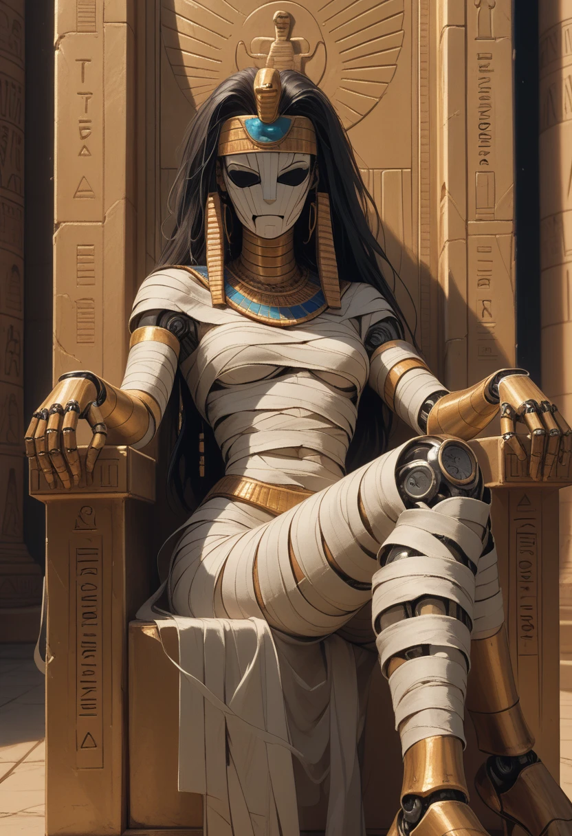 score_9, score_8_up, score_7_up, 1girl,  (((cybernetic mummy))), pharaoh, connected to throne with cables, in a futuristic Egyptian tomb, HD real photo 8K, (ultra realisitic) , (best qualityer) , (textura ultra realisitic)