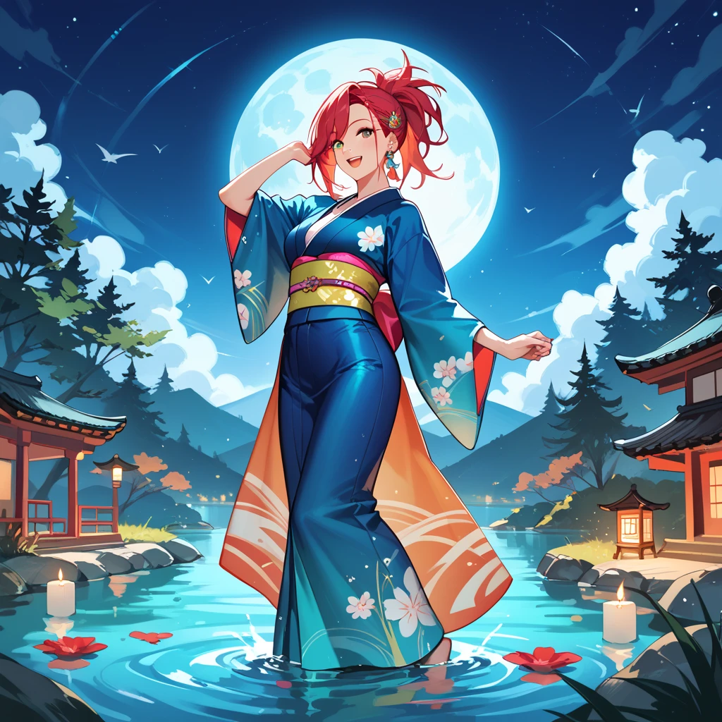  1 Girl, imaginary,full moon,On the water,Girl dancing on the lake,kimono