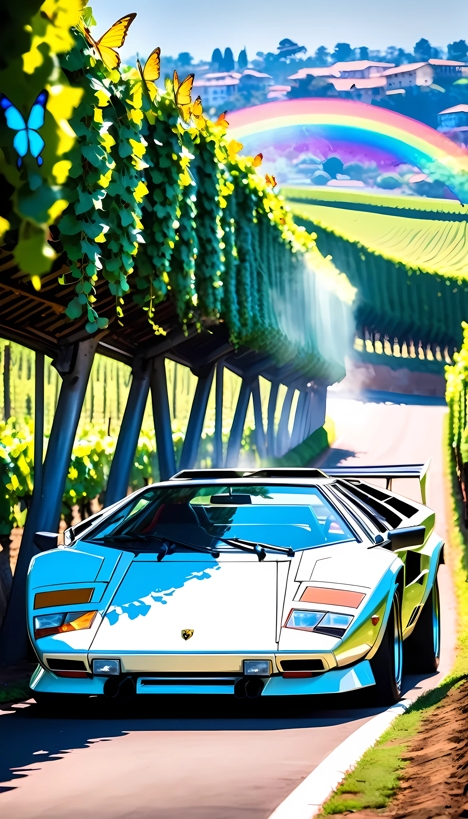  Organic Expressionism ,car,1 car ,Lamborghini,Countach,year-1974,scissor-door, body color =Rainbow/black, bonnets with butterflies, locations are Lombardy ,Vineyards,Shine Muscat, Kampala,  detail, masterpiece,  ultra-fine, 