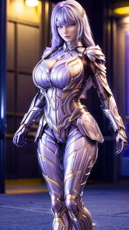 A WOMAN, BEAUTIFULL FACE, HUGE BOOBS, RGB, WHITE, GOLD, PURPLE, MECHA ARMOR FULL SUIT, (CLEAVAGE), TRANSPARANT, TALL LEGS, STANDING, SEXY BODY, MUSCLE ABS.