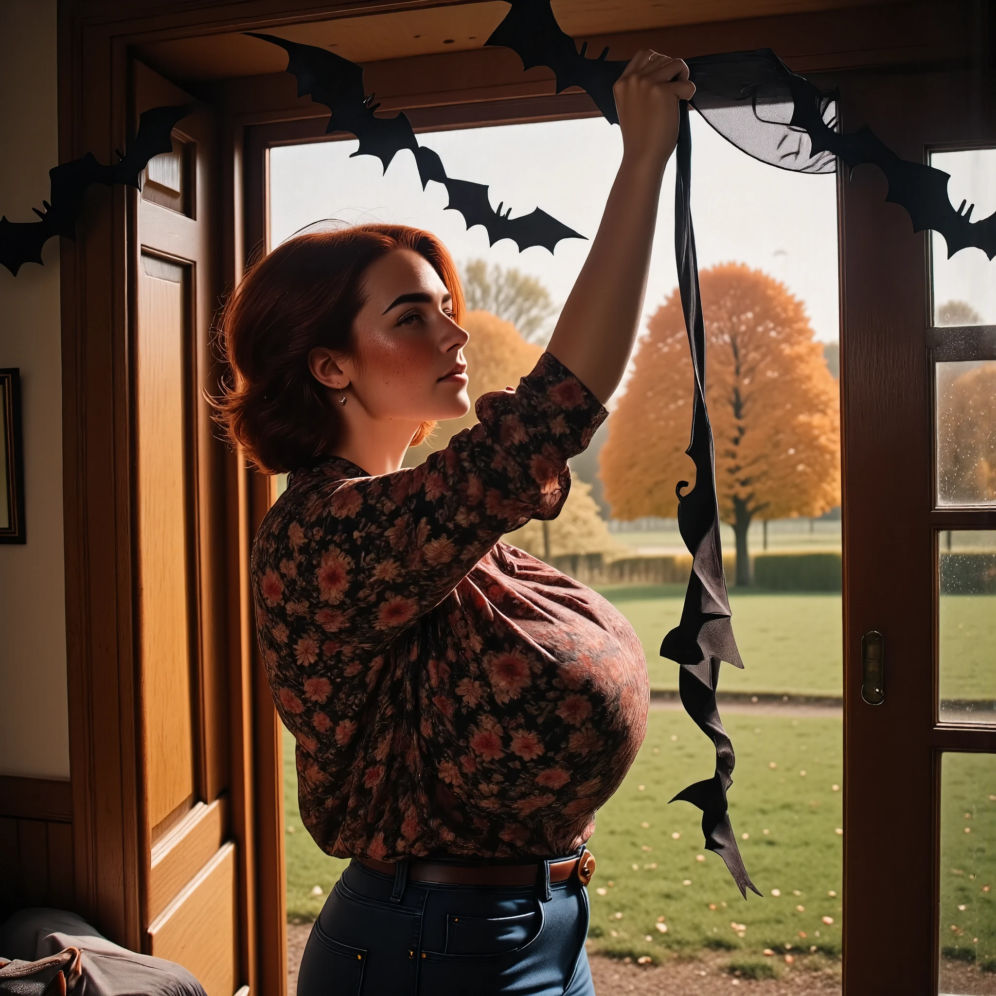 Photorealistic, cinematic style, picture of a beautiful British woman hanging Halloween decorations on her home. Reaching up to hang a bat ribbon from the ceiling. Slight smile, downturned eye shape, light skin and freckles, reddish-brown hair, braided hairstyle . She's wearing a conservative printed blouse. stonewashed jeans. In the background a rustic wooden living room . Beautiful Autumn landscape visible from the window. Atmospheric, wholesome . perfect hand,HDR, intricate details ,