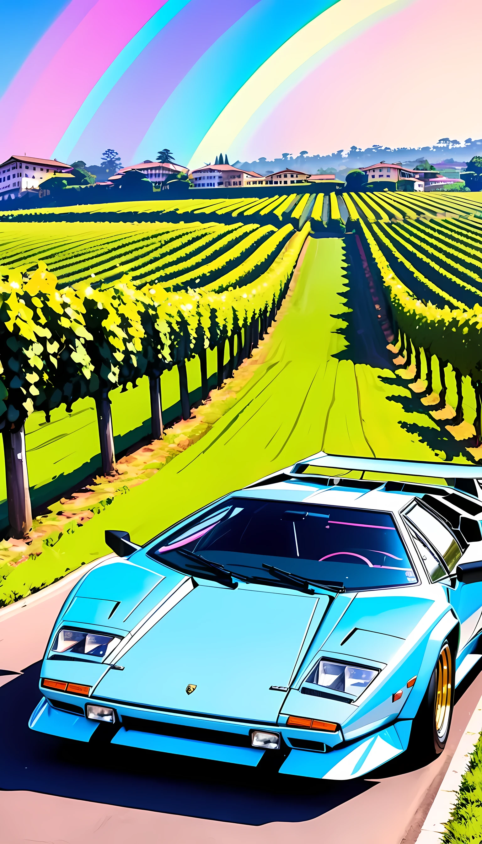  Organic Expressionism ,car,1 car ,Lamborghini,Countach,year-1974,scissor-door, body color =Rainbow/black, bonnets with butterflies, locations are Lombardy ,Vineyards,Shine Muscat, Kampala,  detail, masterpiece,  ultra-fine, 