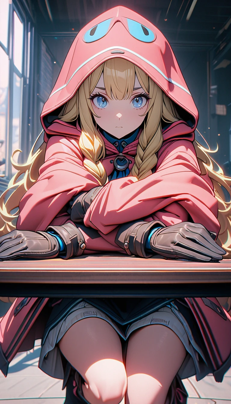 (8k, highest qualthaty,  table top to cover upper arms:1.2)、 ultra high resolution, Detailed face, ,  blue eyes , blonde,  braid, Long Hair, Hood on head, Pink Coat, Gloves, boots, that&#39; Snow Is Falling , Snow Mountain, Silver World, walk