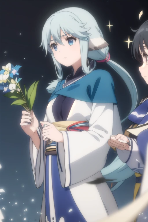  utawarerumonofollow , (masterpiece), ( Best quality), ( ultra-detailed hood is worn),(  disheveled hair ),( illustration), ( 1girl), (fashionable clothes), standing, dog ears, photo model,  metallic black bikini , (interview), (simple background),  beautiful detailed eyes , Gentle beautiful face, floating,( high intensity ),(colorful splashes),color bubble,(shining),  focus on face , ponytail, Kamisato Ayaka,  light blue hair, bang, Hair ring, floating flowers, Floating hair, (shining), better lighting, the best shadow, Aruruuu-like 